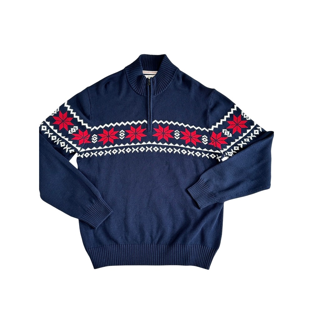 Weatherproof Vintage Sweater XL Navy Blue Fair Isle Snowflake Quarter Zip Cotton